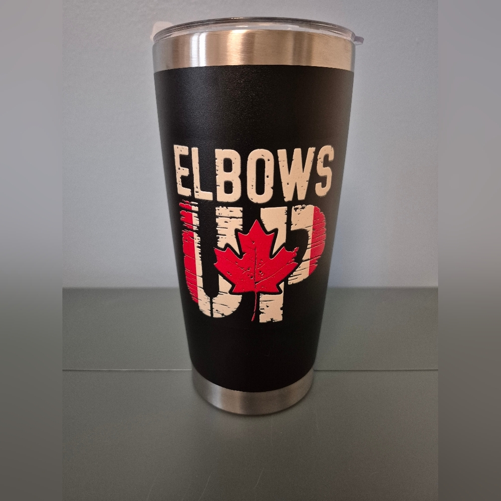 20oz Black Tumbler with Red Elbows Up Maple Leaf Design
